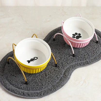 Ceramic Cat Bowl with Iron Stand